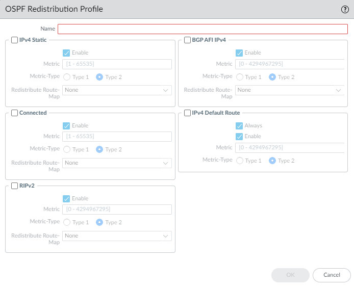 OSPF Redistribution Profile configuration window.